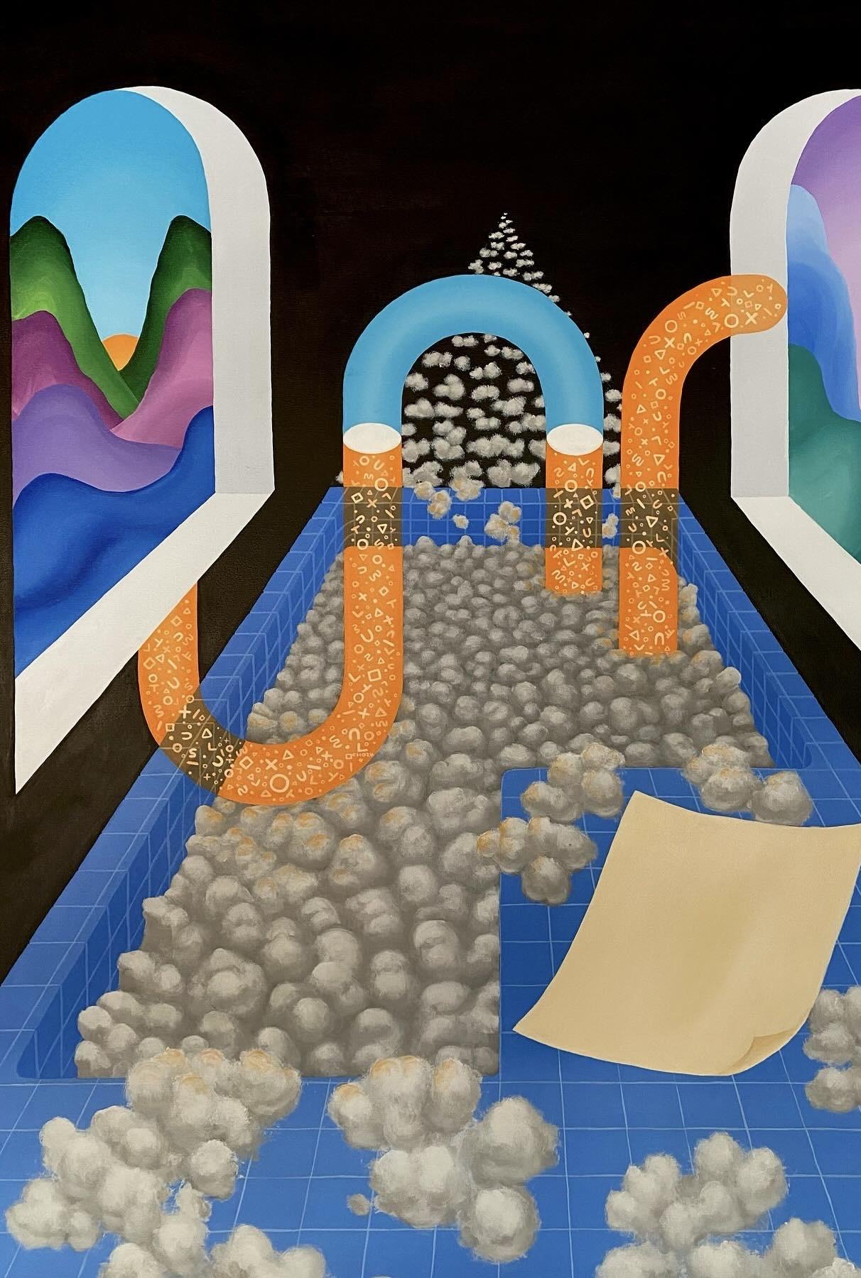 Acrylic on canvas of multi-colored shapes for "Cloud Pool"