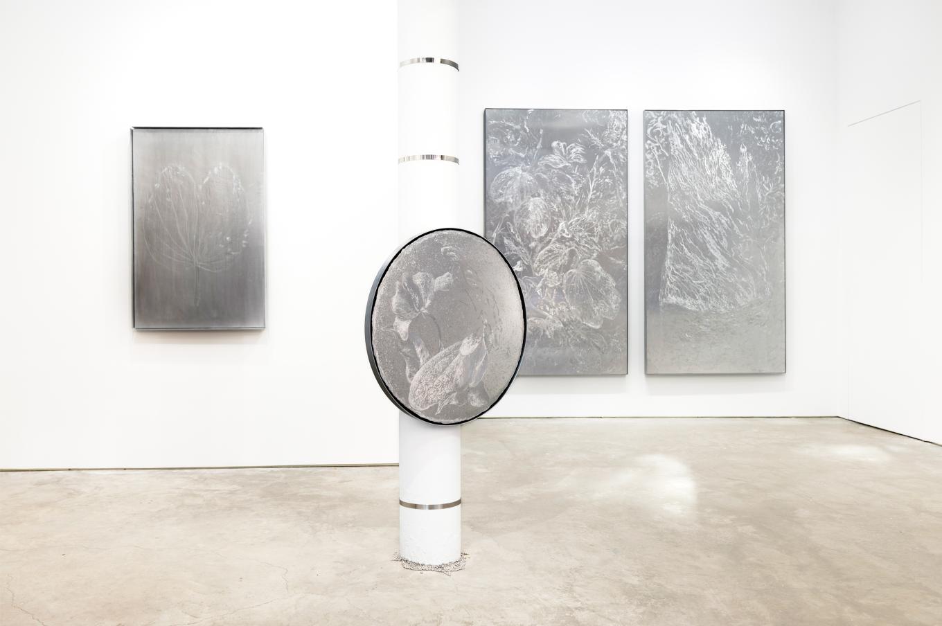 four pieces of engraving on aluminum in an open exhibition space