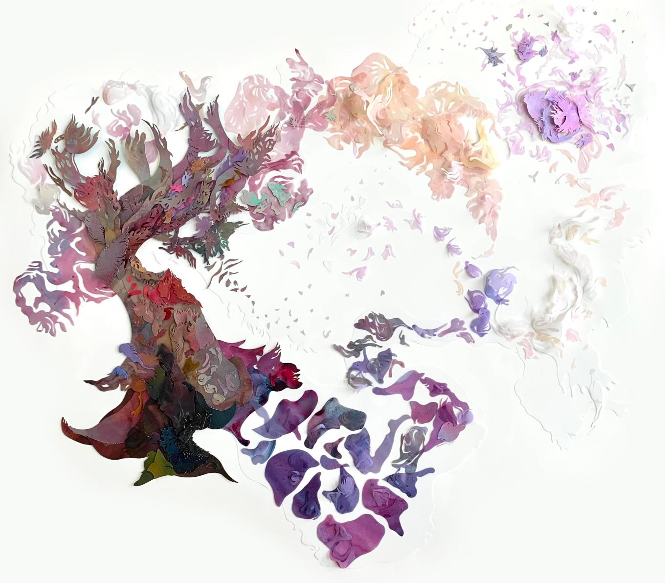 Acrylic ink and hand-painted cut paper