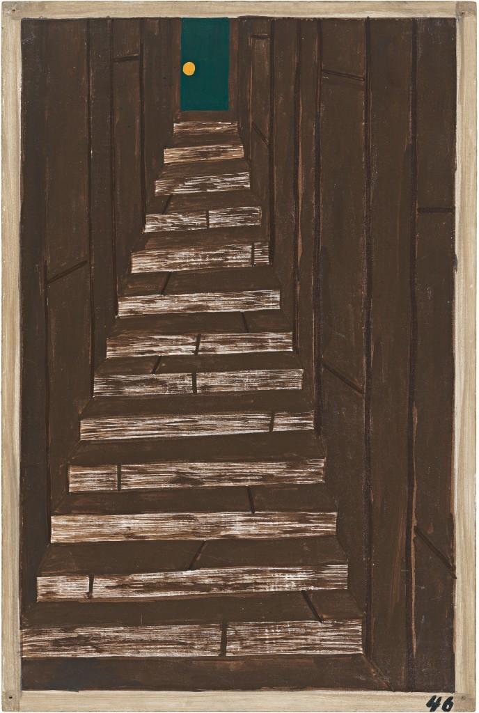 Jacob Lawrence, Industries attempted to board their labor in quarters that were oftentimes very unhealthy. Labor camps were numerous., 1940â41, Casein tempera on hardboard, 18 x 12 in. The Museum of Modern Art, New York. Gift of Mrs. David M. Levy