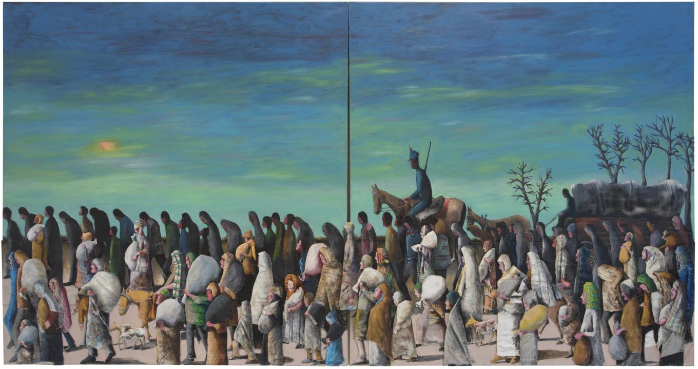 Benny Andrews Trail of Tears, 2005 Oil on four canvases with painted fabric and mixed media collage 72 x 144 in. Courtesy of Michael Rosenfeld Gallery, New York