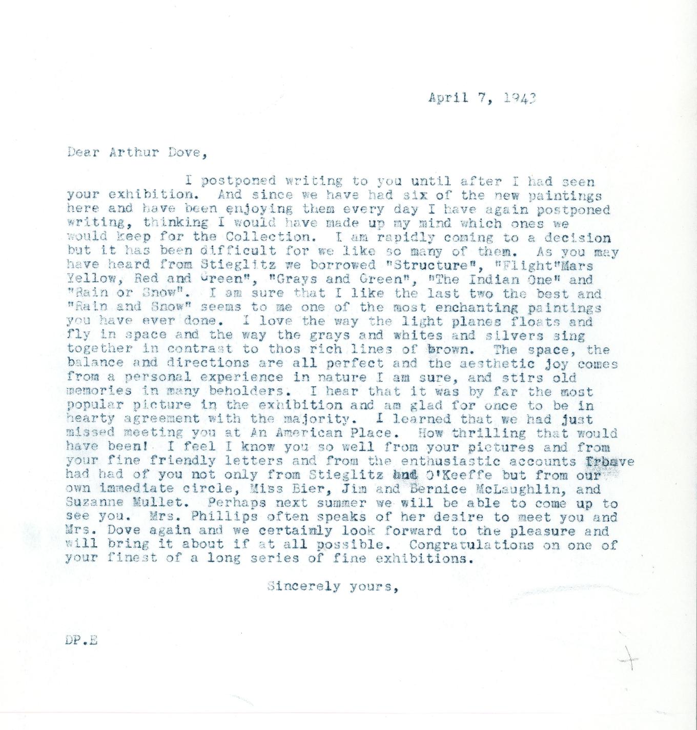 Duncan Phillips to Arthur Dove, April 7, 1942