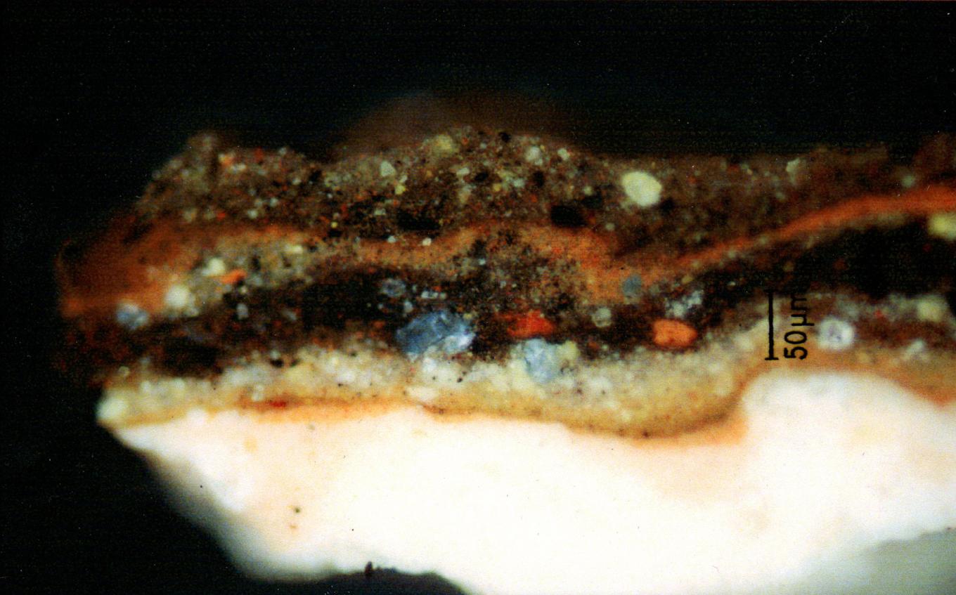 The painting's strongly textured and deeply cracked surface reflects Daumier's practice of painting one layer on top of the next without allowing for the underlying paint applications to fully dry. A microscopic paint cross-section taken from the upper left reveals no less than eight distinct layers in this heavily-reworked picture. The bottom layer is the white ground (1), followed by a thin red (2), a white (3), a dark brown (4), a thin light brown (5), a thicker red (6), another dark brown (7