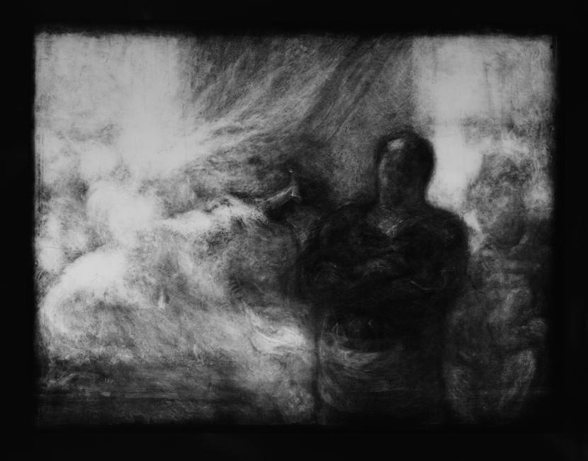 The x-radiograph of "The Strongman" attests to Daumier's frequent custom of reworking a composition. A completely different figure wearing a striped jacket and a bicorne (two-cornered hat) lies beneath the man on the far right. In an earlier state, the curtain in the center of the painting was draped lower across the doorway. The bright white in the left half of the x-radiograph indicates the density of the paint in this area and reflects the number of times these passages were reworked. The hea