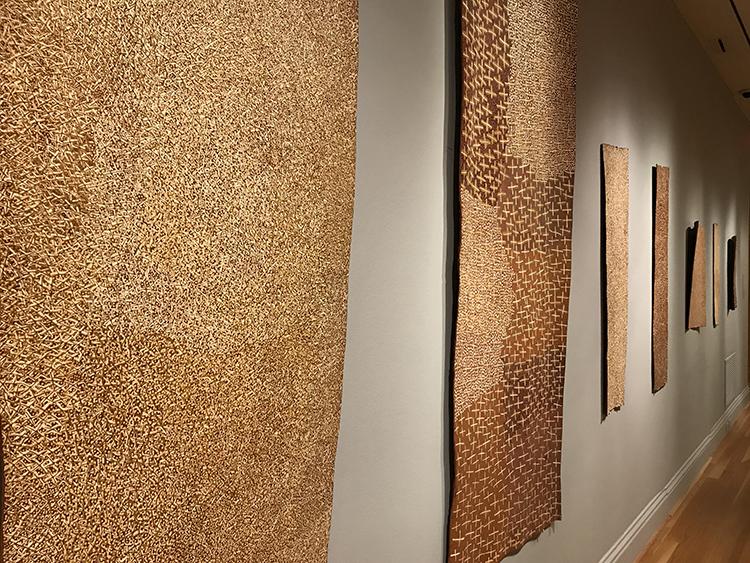 Installation view of works by Gulumbu Yunupingu in Marking the Infinite. Photo: Amy Wike