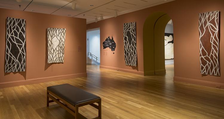 Installation view of work by Nonggirrnga Marawili in Marking the Infinite