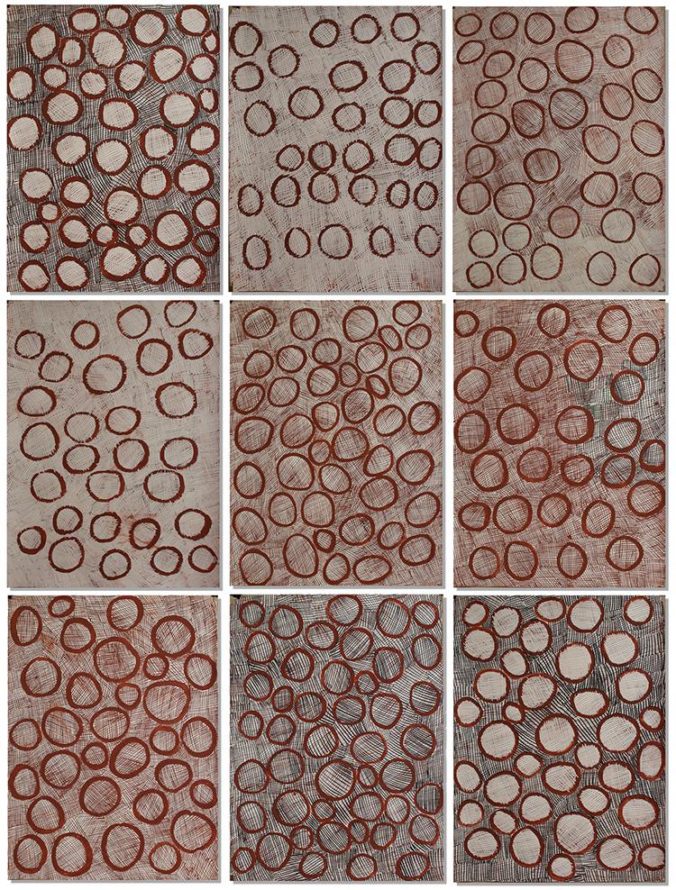 Nyapanyapa Yunupingu, Circles, 2014, Felt tip pen and earth pigments on paper, Nine panels of 30 x 22 in.