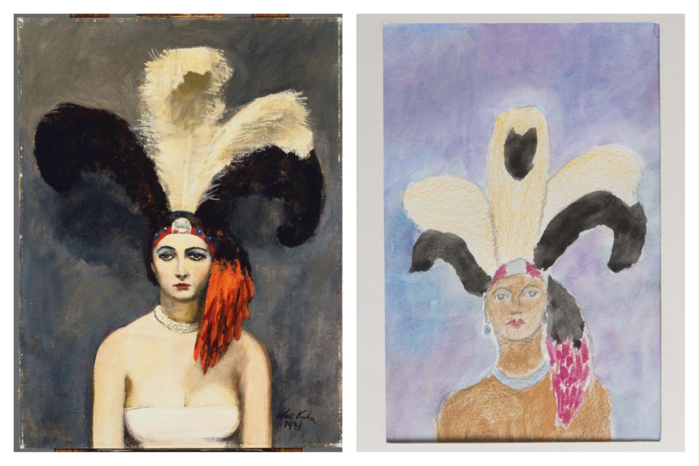 (Left) Walt Kuhn, Plumes, oil on canvas, 40 x 30 in. Acquired 1932. The Phillips Collection, Washington, DC. (Right) Marion "Duke" Green, Untitled, 2014. Watercolor and colored pencil on paper.