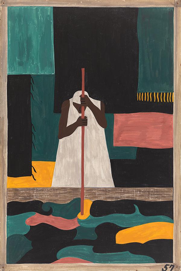 Jacob Lawrence, Panel no. 57: The female workers were the last to arrive north., 1940â41, Casein tempera on hardboard, 18 x 12 in. The Phillips Collection, Washington, DC, Acquired 1942