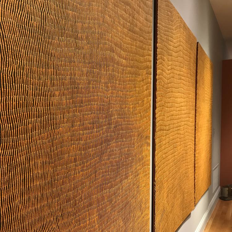 Installation view of Yukultji Napangati’s “Women’s Ceremonies at Marrapinti” (2015)