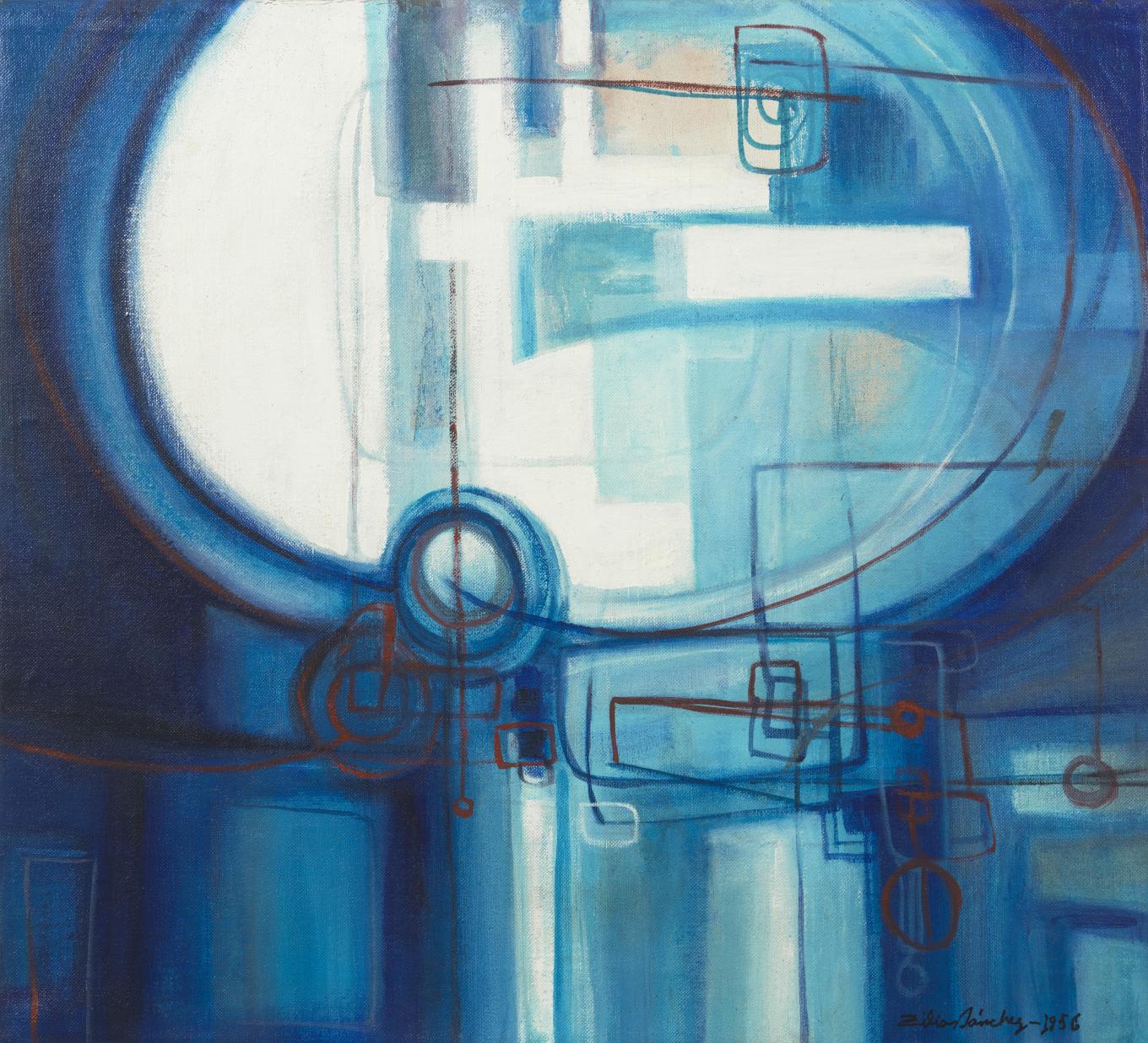 Zilia Sánchez, Azul azul (Blue Blue), 1956. Acrylic on canvas, 21 à 23 in., Collection of the artist, Courtesy Galerie Lelong & Co., New York