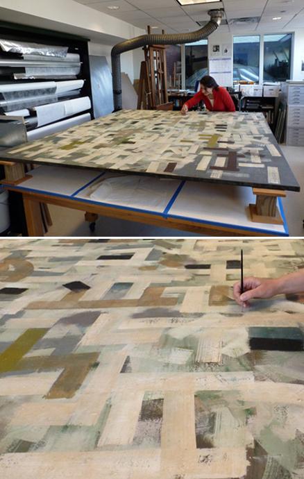 Setting down raised cracks and consolidating insecure paint on "No. 9" by Bradley Walker Tomlin. Top: The painting is raised on blocks and a suction apparatus is placed behind the canvas to aid in consolidation and drying. Bottom: Adhesive is wicked into the paint cracks using a small brush. Suction from the reverse helps pull the adhesive into the cracks as well as to pull lifting paint into plane as the adhesive dries.