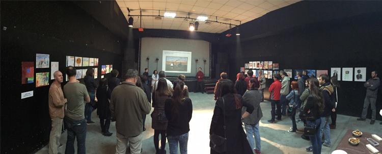 Artists, friends, and family gather at an exhibition of work inspired by Jacob Lawrence's The Migration Series in Mostar.