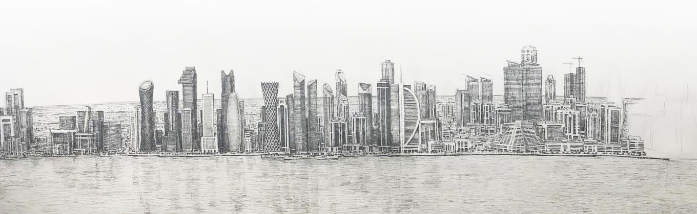 Doha, Qatar Cityscape drawn from memory by Stephen Wiltshire, photographed by Victor Pierre