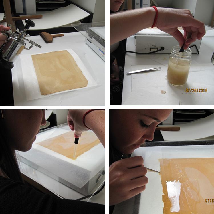 (clockwise from top left) Spraying to wet up for pulp fills; using an eye dropper to get blended color matched pulp; dropping pulp into loss areas to correct thickness and transparency on light box; adjusting pulp fills to correct thickness