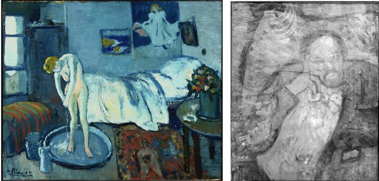 (Left) Pablo Picasso, The Blue Room, 1901, Oil on canvas 19 7/8 x 24 1/4 in.; 50.4825 x 61.595 cm. Acquired 1927. (Right) Infrared of Pablo Picassoâs The Blue Room (1901). The Phillips Collection, copyright 2008.