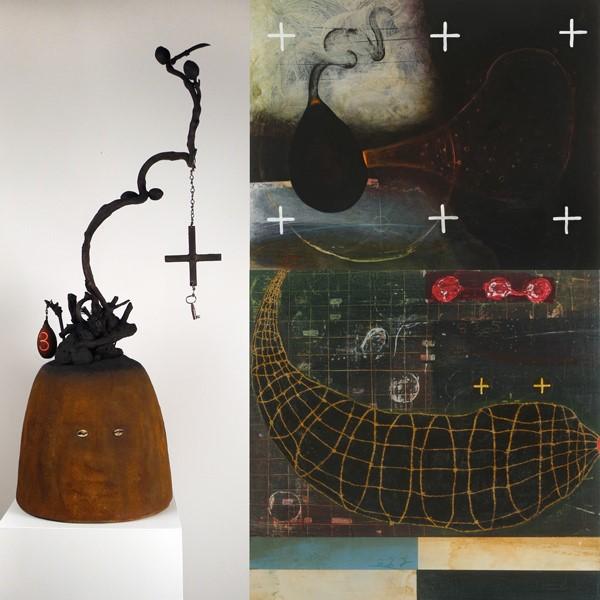 (Left) Renée Stout, Elegba (Spirit of the Crossroads), 2015-2019, Mixed media, 39 x 17 x 13 in., Gift of the artist and Hemphill Gallery; (Upper right) Renée Stout, Mannish Boy Arrives (for Muddy Waters), 2017, Acrylic and latex on wood panel, 16 x 20 x 1 1/2 in.