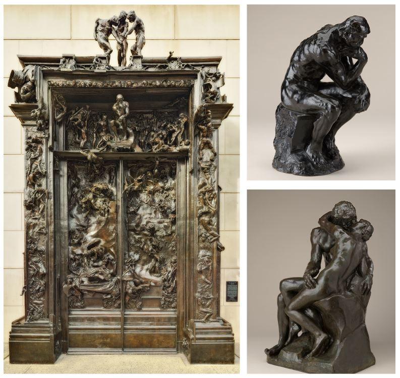 Far left: The Gates of Hell, 1880-c. 1890, cast 1981, Bronze, Cantor Arts Center, Gift of B. Gerald Cantor Collection Left top and bottom: The Thinker, modeled 1880, reduced 1903, cast later, Bronze; The Kiss, modeled c. 1881â82, cast later, Bronze; North Carolina Museum of Art, Gift of the Iris and B. Gerald Cantor Foundation