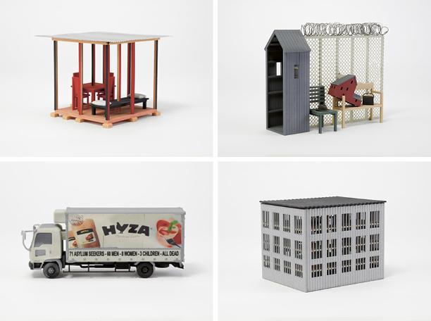Photos of artwork by Siah Armajani clockwise from top left: Room for Detainees, 2017; Room for Deportees, 2017; Room for Displaced, 2017; Room for Asylum Seekers, 2017