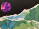 Collage with torn paper with green hills and purple moon on night sky