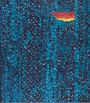 Abstract painting in vertical orientation of a vast blue sky made up of different shades of dark blue vertical rectangle stripes. Top right has small patch with horizontal red, then orange, then yellow stripe