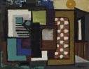 Abstract work with overlapping squares and rectangles in reds, blues, blacks, and greens