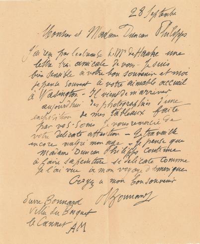 Handwritten letter from Pierre Bonnard to Duncan Phillips