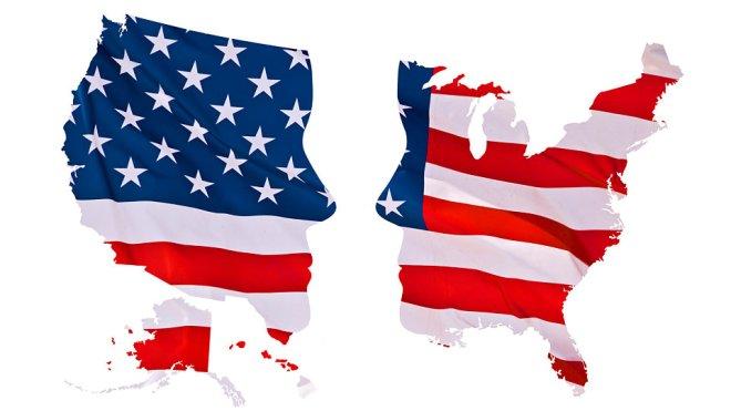 Illustration of a map of the US cut in two with profiles of peoples faces and US flag background