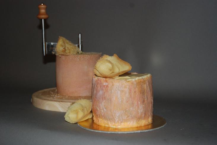 Two pink cakes sit on plates with a grey background.