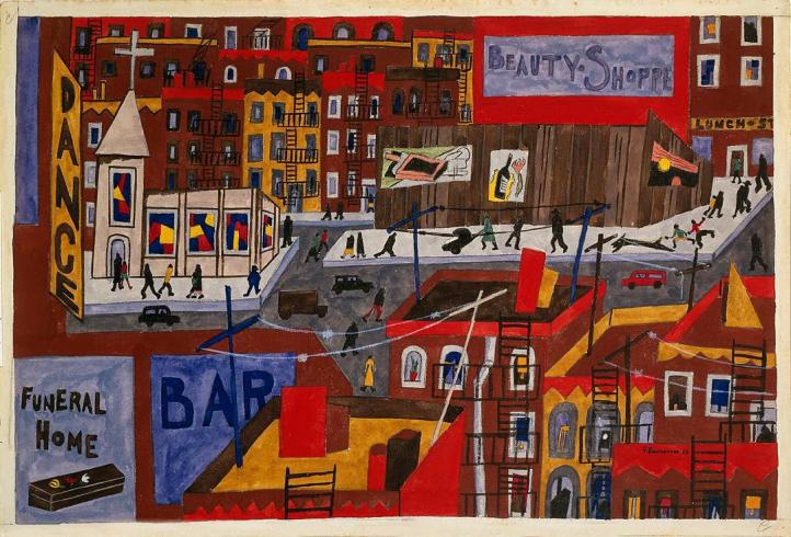 Painting of busy Harlem 1940s neighborhood using reds, yellows, blues, and browns
