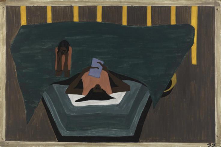 Painting of woman under the covers lying on bed reading letters with child sitting on bed