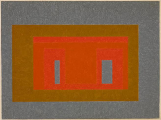 Abstract painting with nested grey, gold, and orange rectangles 