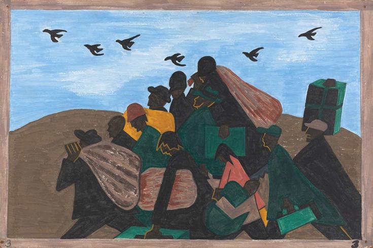 Painted panel from Jacob Lawrence's Migration Series that depicts about 13 migrants in a triangular formation. Above them are migrating birds in a V-shape