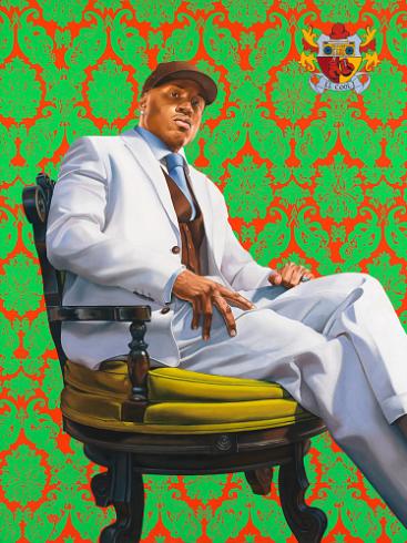 painting of rapper LL Cool J sitting in decorative chair with bright orange and green background