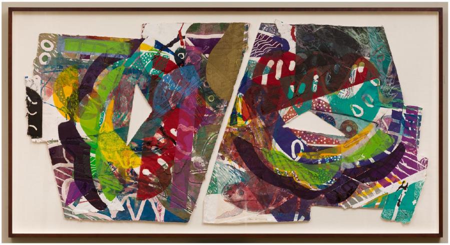 abstract artwork with colorful collaged pieces using lots of purples and greens