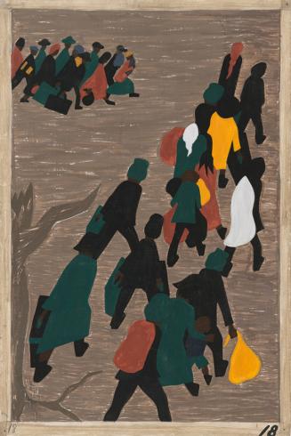 Two clusters of people walking holding their belongings