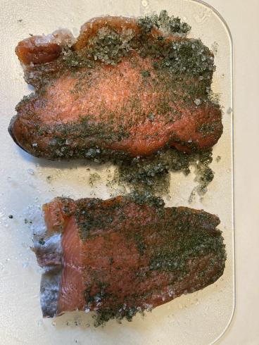 Photograph of two large pieces of salmon with spices