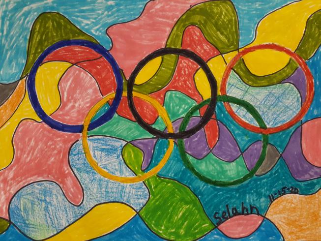 Colorful painting of flag with Olympic rings 