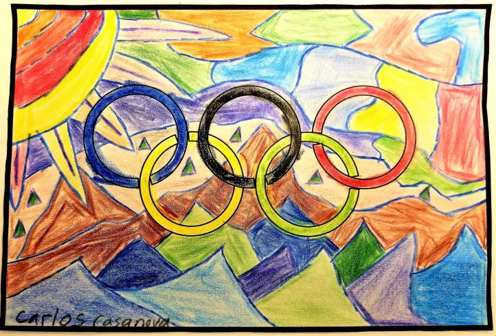 Colorful painting of flag with Olympic rings 