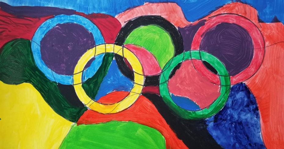 Colorful painting of flag with Olympic rings 