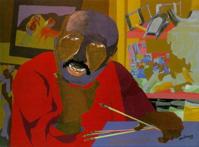 self-portrait of Jacob Lawrence holding paintbrushes with in-process paintings in background