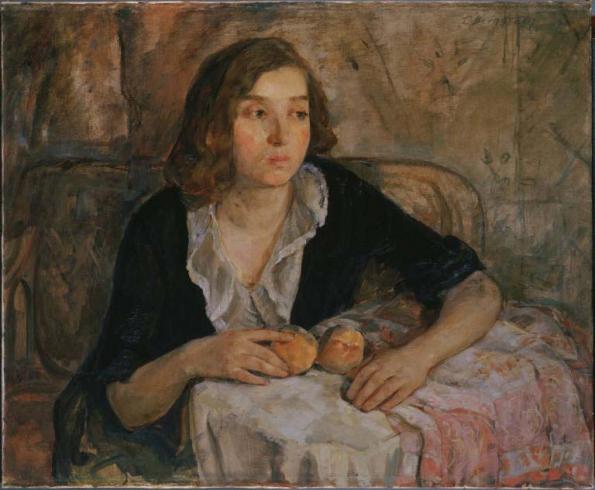 painting of a pouting girl sitting at a table holding two peaches