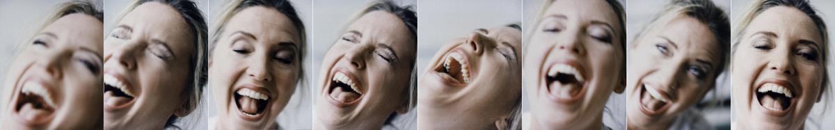 eight part photograph series of woman laughing while crying