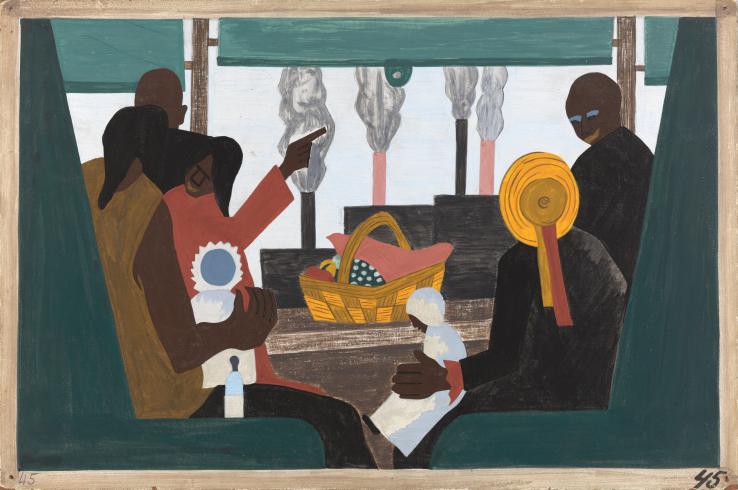 Painting of family sitting on train with basket