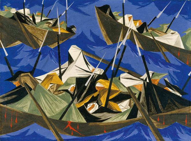 Abstract painting of three boats on blue water, filled with figures holding spears