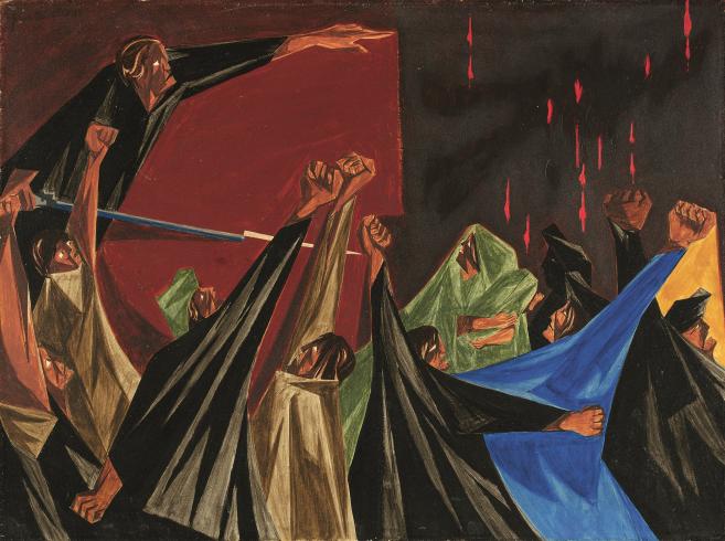 Abstract painting of a group of people with their fists in the air, with one person on the left above the others pointing to the right