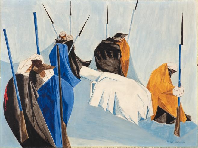Abstract painting of figures wearing heavy cloaks and holding weapons, some standing, some sitting in the snow