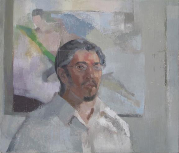 Oil painting. A painterly portrait of the head and shoulders of a man in a white shirt.