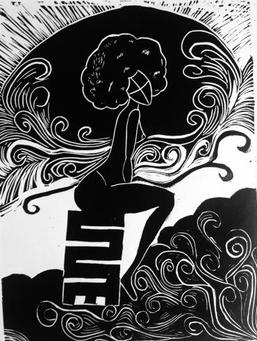 Black and white relief print. A woman with an Afro sits upon a West African Adinkra symbol surrounded by clouds.