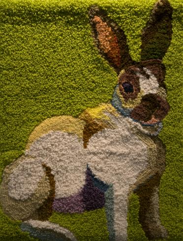 Punch needle tapestry. A portrait of a white and brown pet rabbit on a green background.